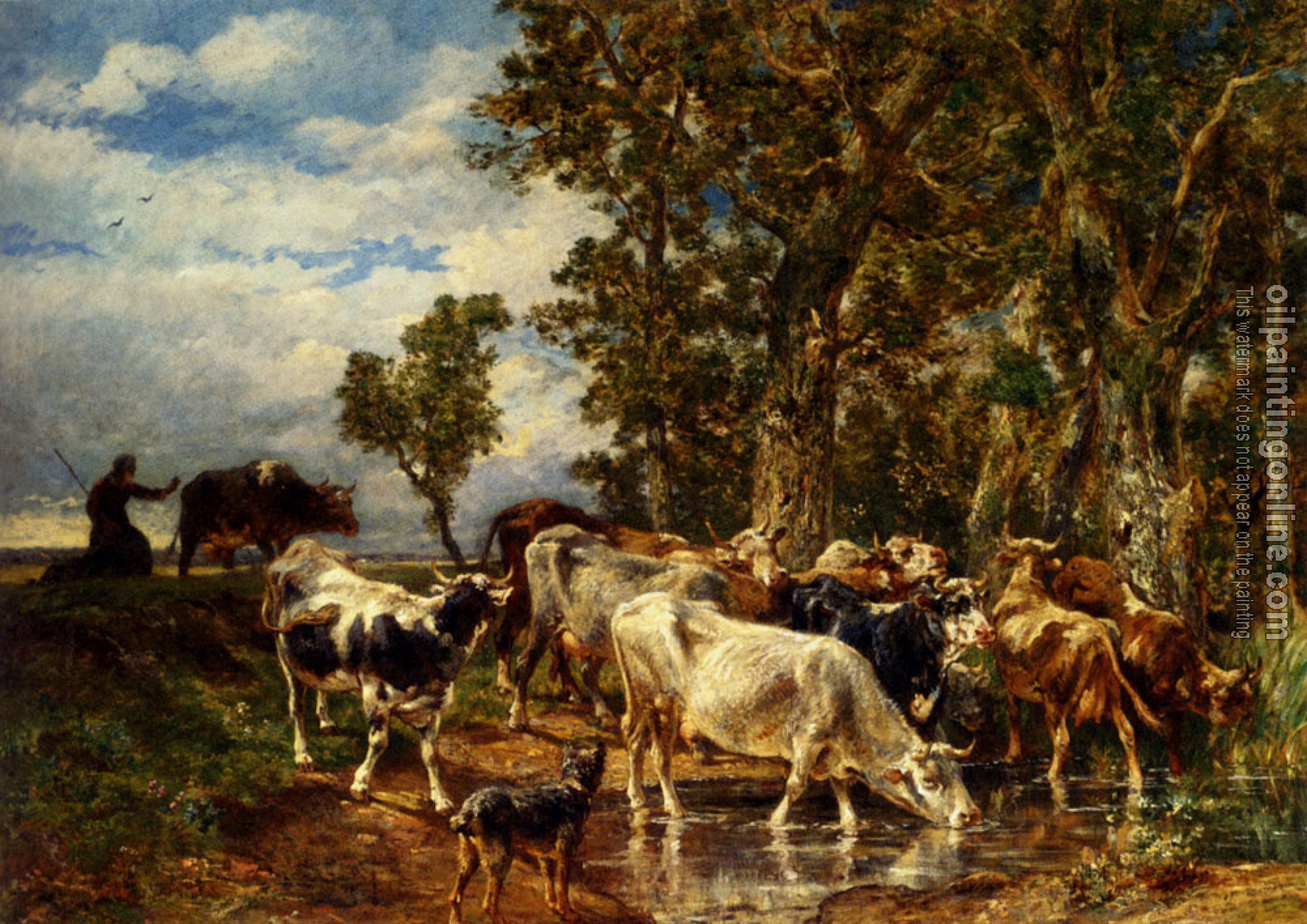 Charles Emile Jacque - Troupeau De Vaches A L Abreuvoir